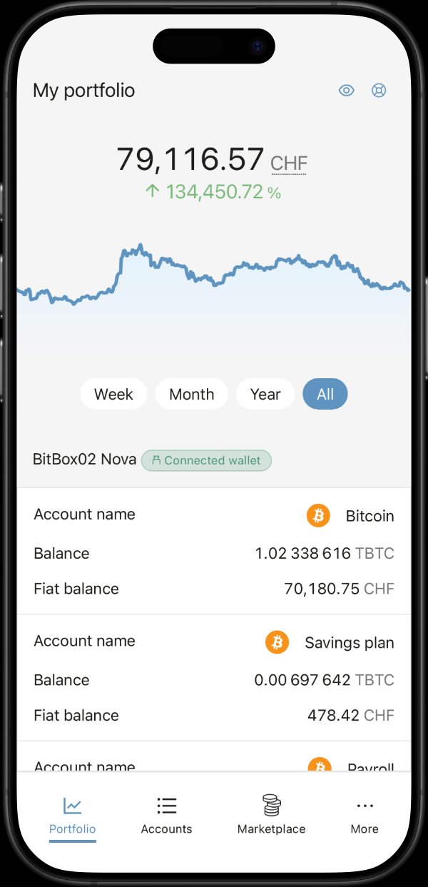 BitBoxApp running on iPhone showing portfolio with BitBox02 Nova connected